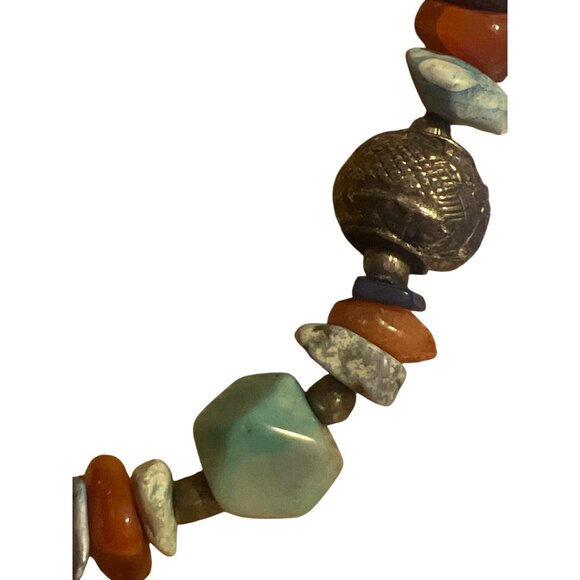 Handcrafted Chunky Beaded Necklace Natural Stones Ceramic Beads Silver Tone 28" - Picture 2 of 5